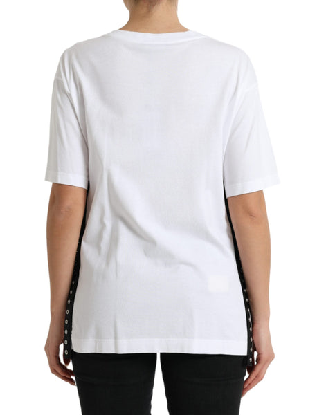 Dolce & Gabbana White Slogan Print Lacing Detailed T-shirt Dolce & Gabbana