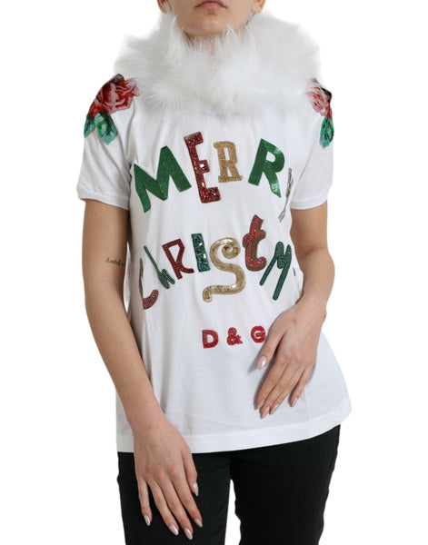 Dolce & Gabbana White Cotton Christmas Sequin Fur T-shirt Dolce & Gabbana