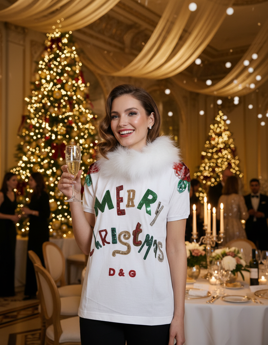 Dolce & Gabbana White Cotton Christmas Sequin Fur T-shirt Dolce & Gabbana