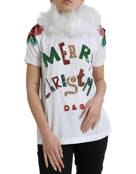 Dolce & Gabbana White Cotton Christmas Sequin Fur T-shirt Dolce & Gabbana