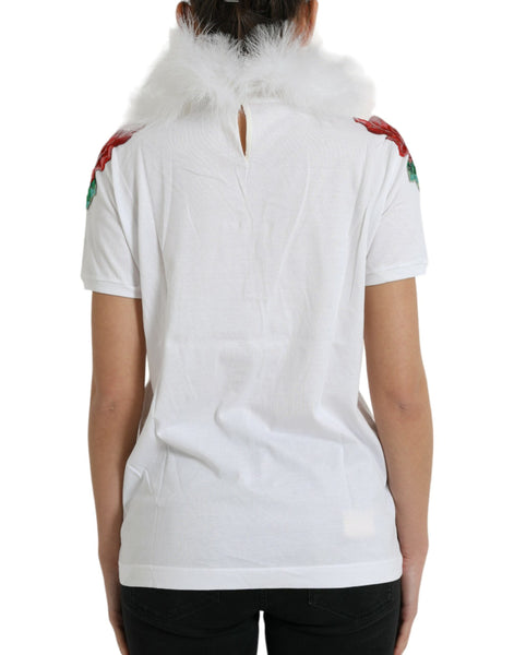 Dolce & Gabbana White Cotton Christmas Sequin Fur T-shirt Dolce & Gabbana