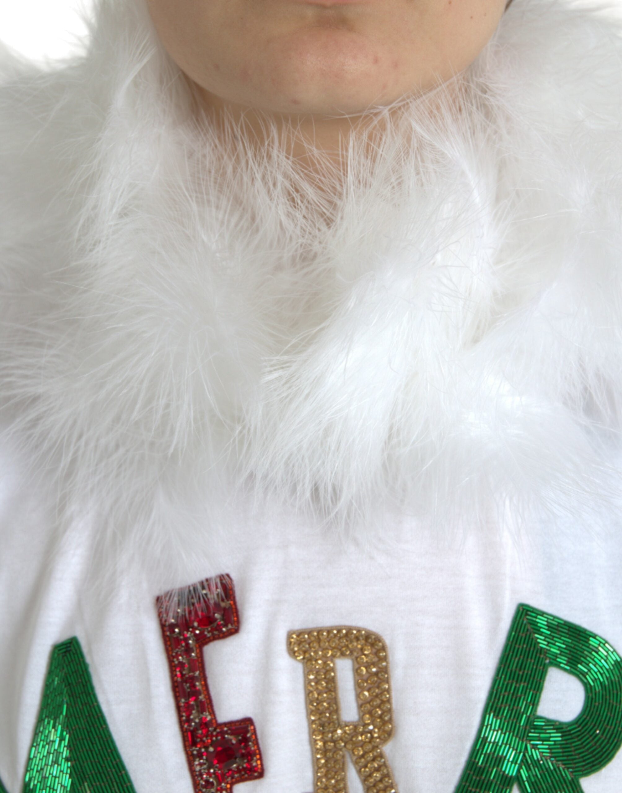 Dolce & Gabbana White Cotton Christmas Sequin Fur T-shirt Dolce & Gabbana