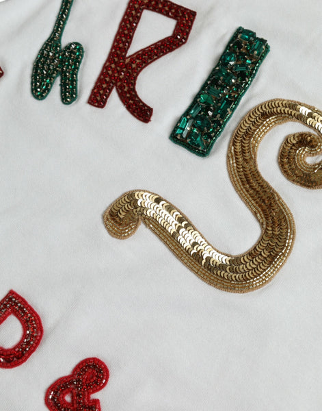 Dolce & Gabbana White Cotton Christmas Sequin Fur T-shirt Dolce & Gabbana