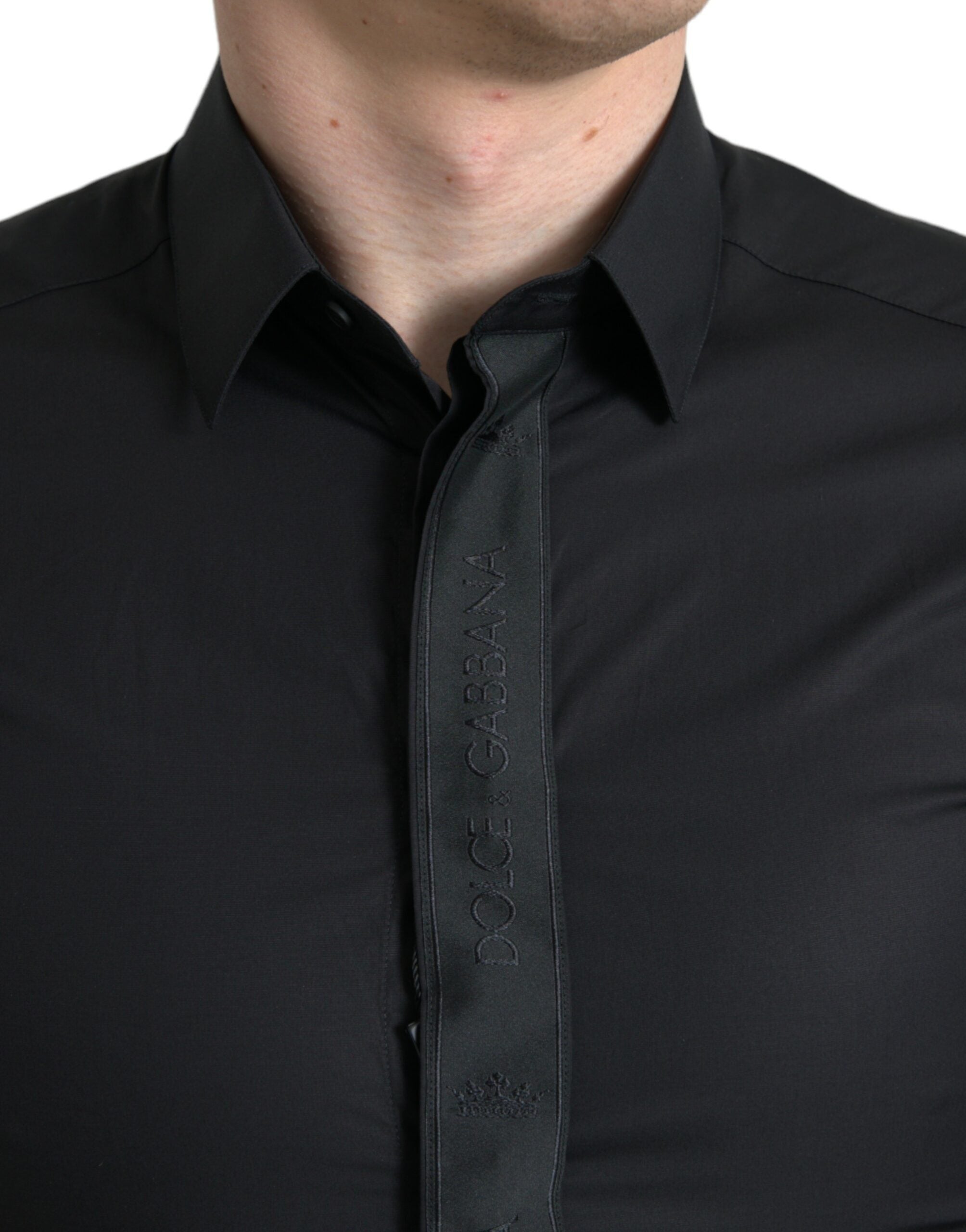 Dolce & Gabbana Black Cotton Logo Formal GOLD Dress Shirt Dolce & Gabbana