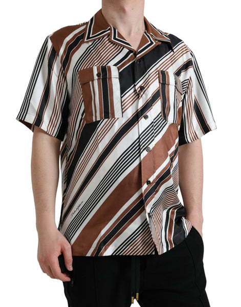 Dolce & Gabbana Brown White Silk Striped Short Sleeve Shirt Dolce & Gabbana