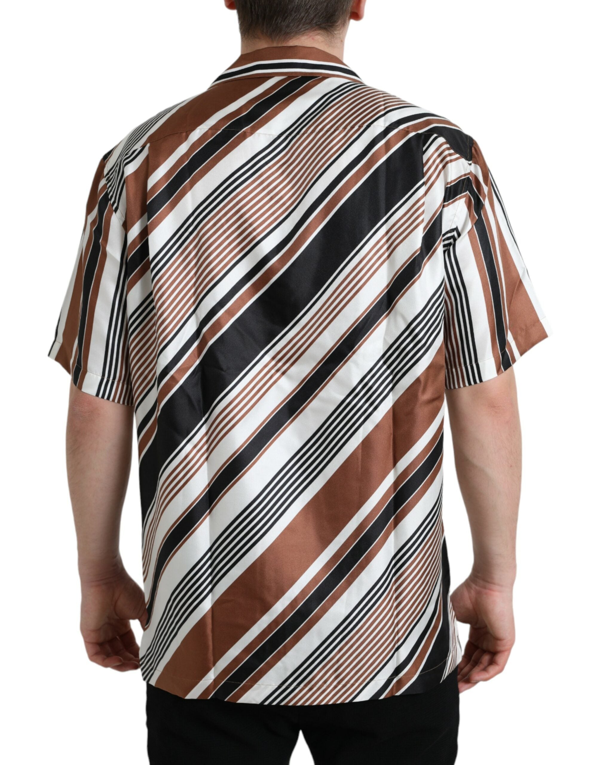 Dolce & Gabbana Brown White Silk Striped Short Sleeve Shirt Dolce & Gabbana