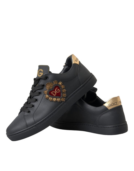 Dolce & Gabbana Black Leather Heart Embellished Sneakers Shoes Dolce & Gabbana