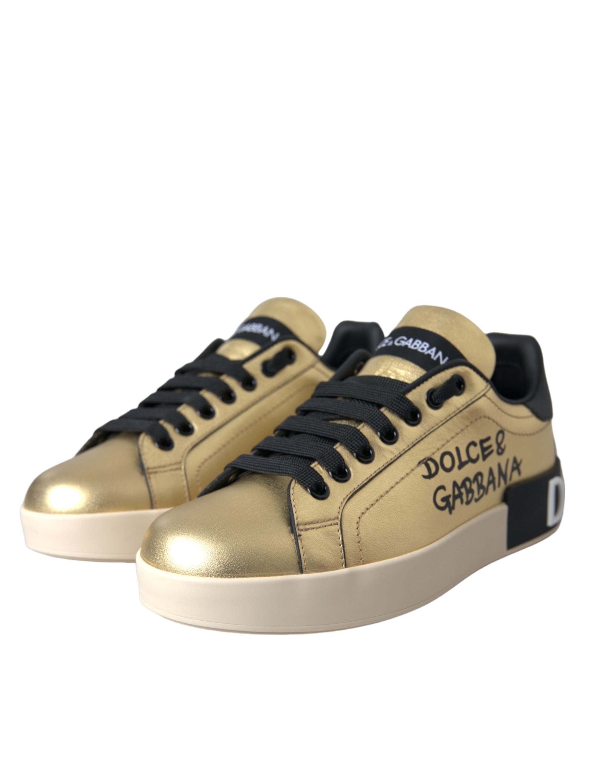 Dolce & Gabbana Gold Portofino Calf Leather Sneakers Women Shoes Dolce & Gabbana