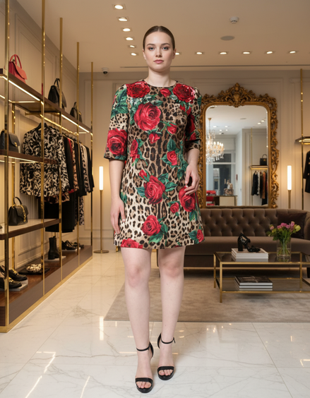 Dolce & Gabbana Brown Leopard Red Roses Cotton A-line Dress Dolce & Gabbana