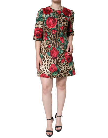 Robe trapèze en coton Dolce &amp; Gabbana à imprimé léopard marron et roses rouges