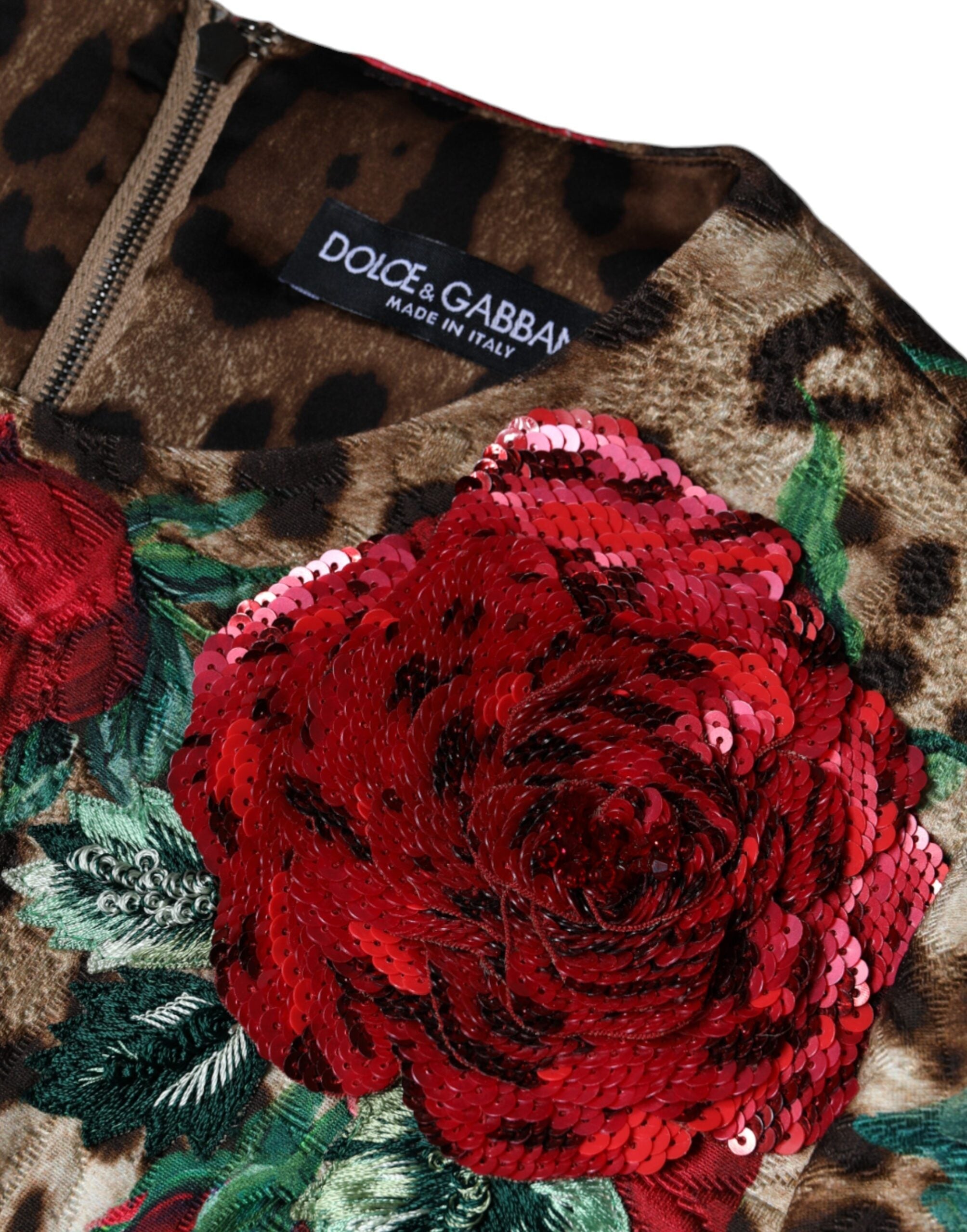 Dolce & Gabbana Brown Leopard Red Roses Cotton A-line Dress Dolce & Gabbana
