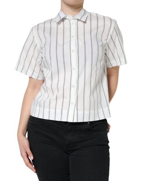 Dolce & Gabbana White Striped Collared Short Sleeve Polo Top Dolce & Gabbana