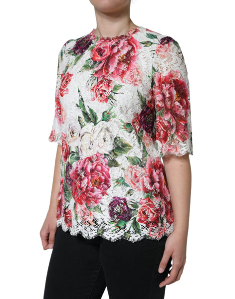 Dolce & Gabbana White Peony Lace Short Sleeves Blouse Top Dolce & Gabbana