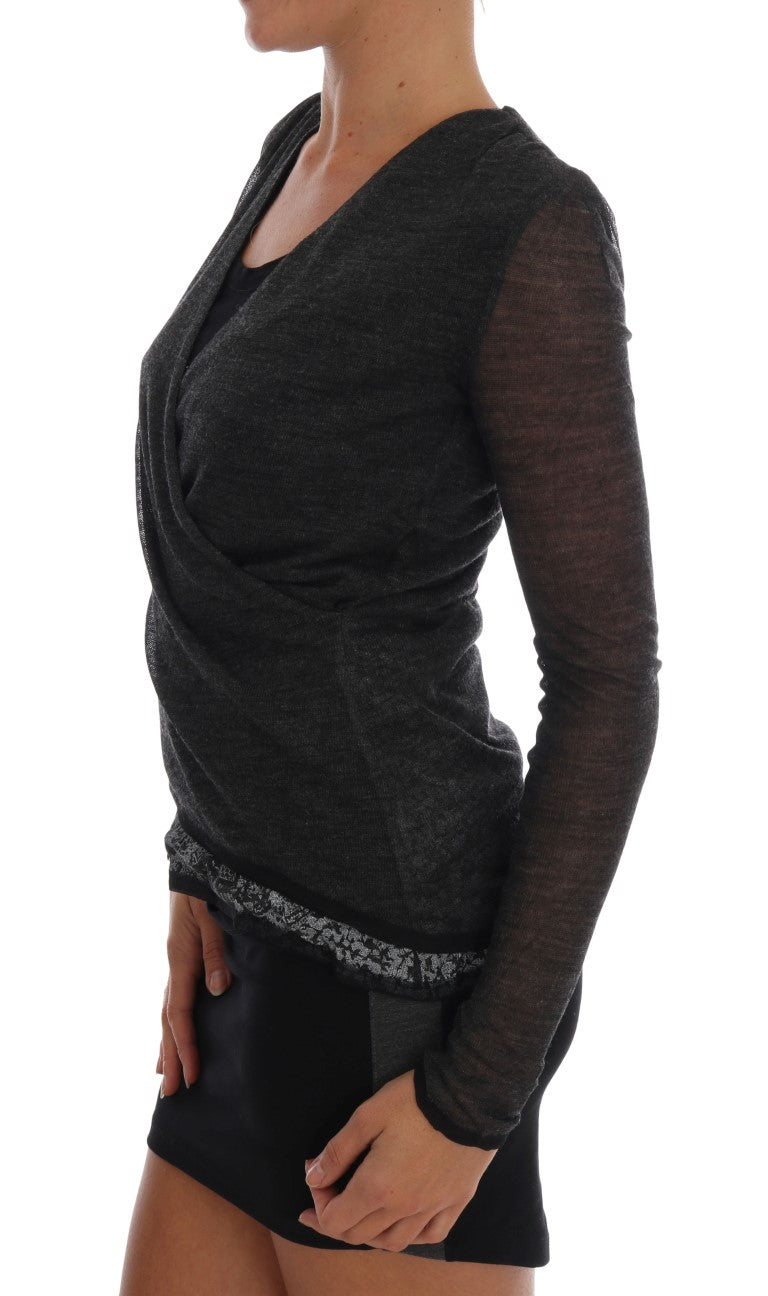 Ermanno Scervino Gray Wool Lace Top Long Sleeved T-shirt Ermanno Scervino