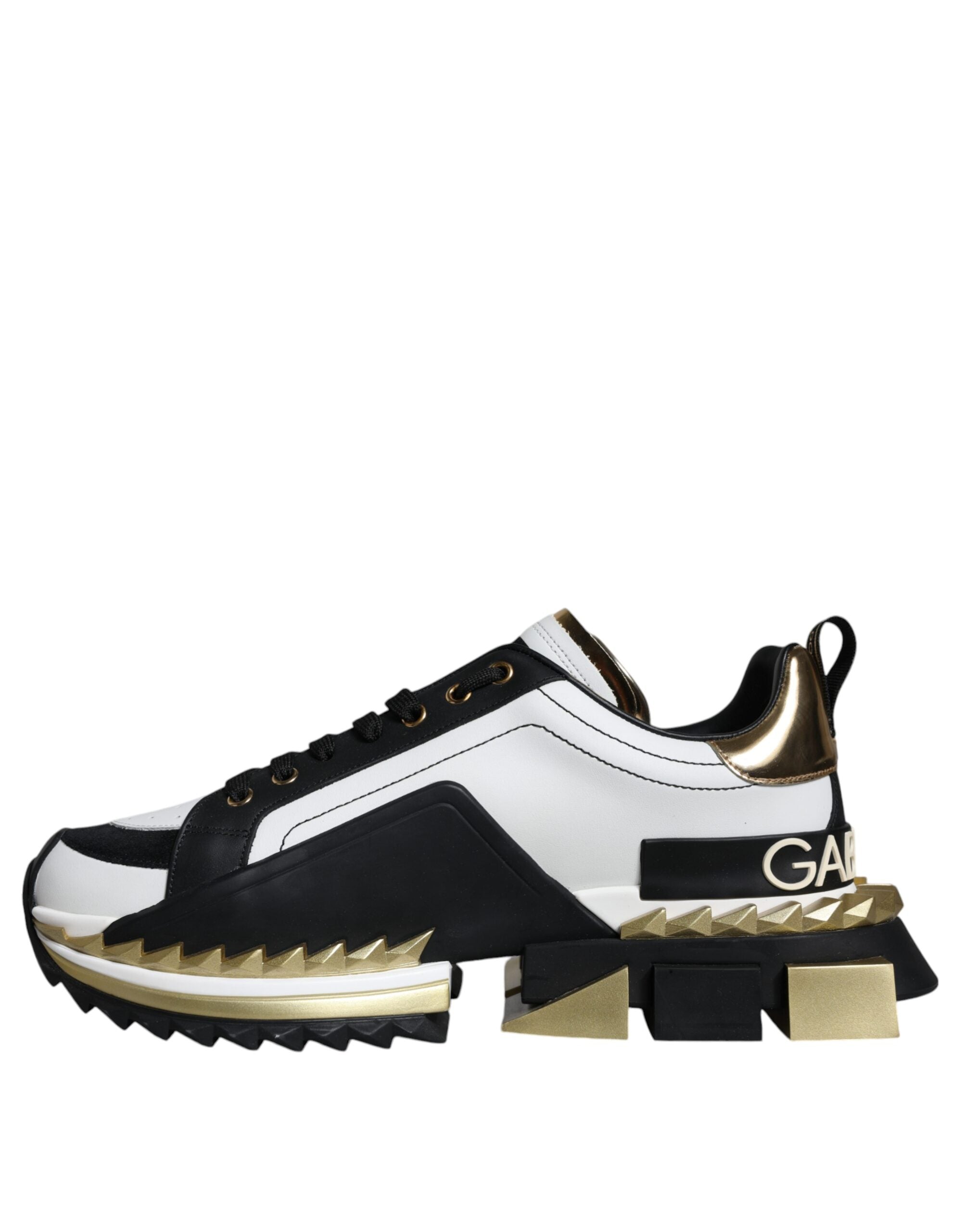 Dolce & Gabbana White Gold Black Leather SUPER KING Sneakers Shoes Dolce & Gabbana