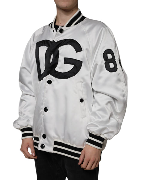 Dolce & Gabbana White Polyester Logo Full Zip Bomber Jacket Dolce & Gabbana