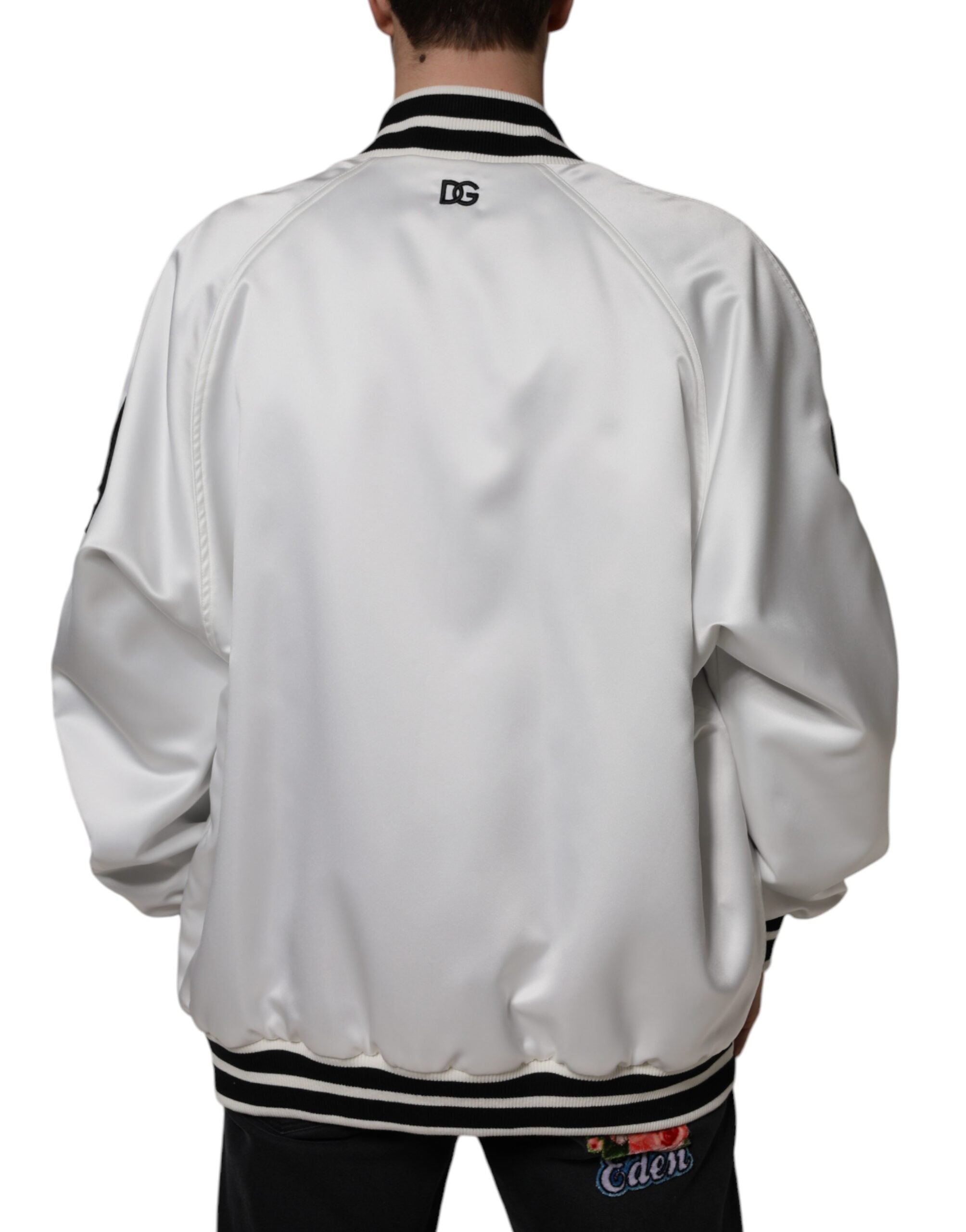 Dolce & Gabbana White Polyester Logo Full Zip Bomber Jacket Dolce & Gabbana