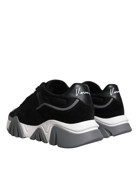 Versace Black Leather Neoprene Chunky Low Top Sneakers Squalo Shoes Versace