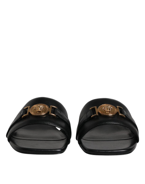 Versace Black Leather Logo Plaque Slip On Slides Flats Shoes Versace