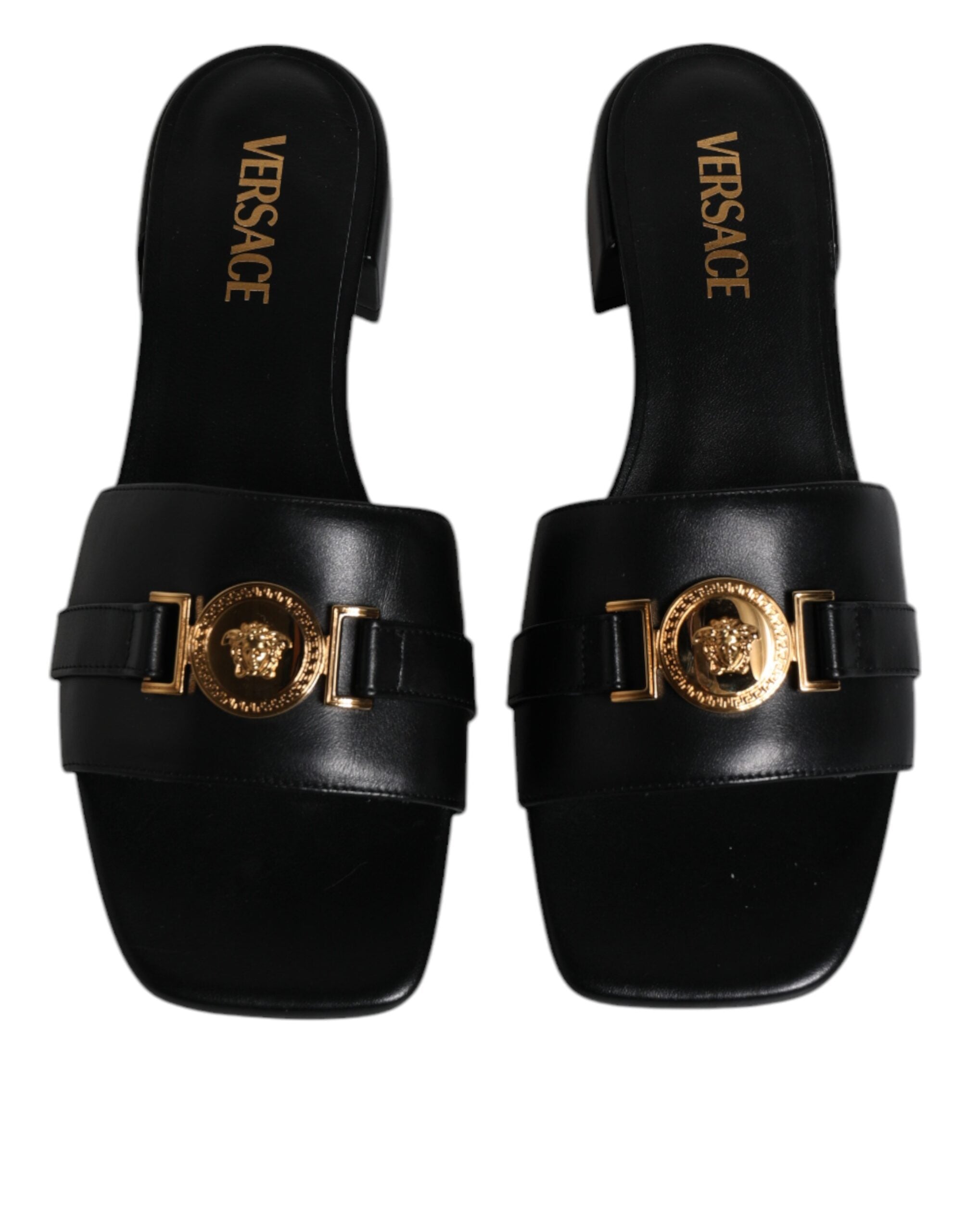 Versace Black Leather Logo Plaque Slip On Slides Flats Shoes Versace