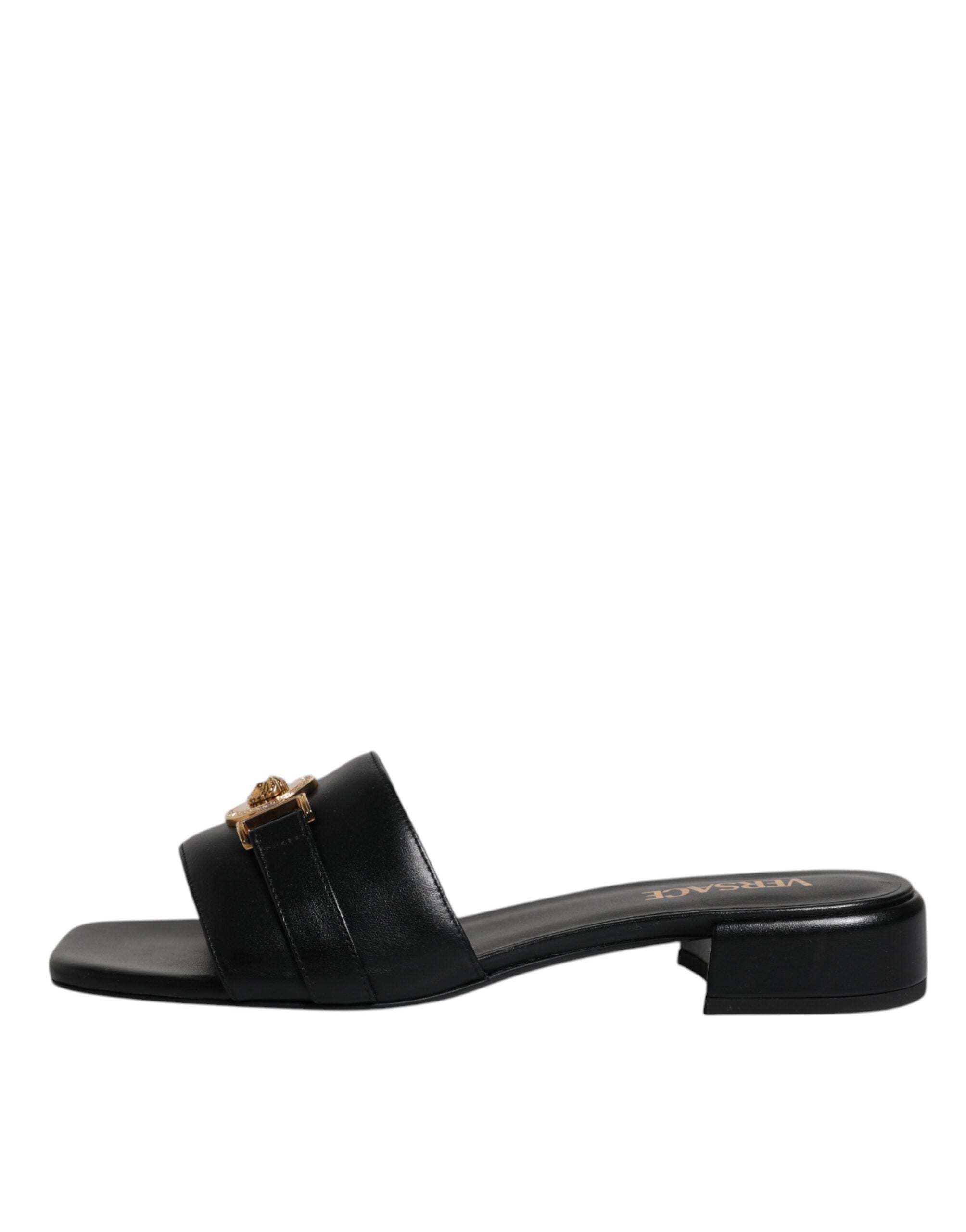 Versace Black Leather Logo Plaque Slip On Slides Flats Shoes Versace