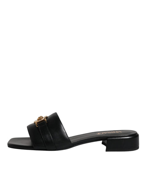 Versace Black Leather Logo Plaque Slip On Slides Flats Shoes Versace