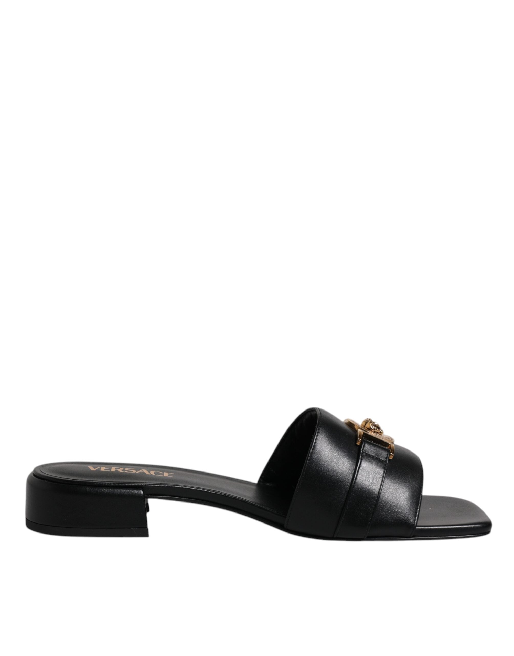 Versace Black Leather Logo Plaque Slip On Slides Flats Shoes Versace