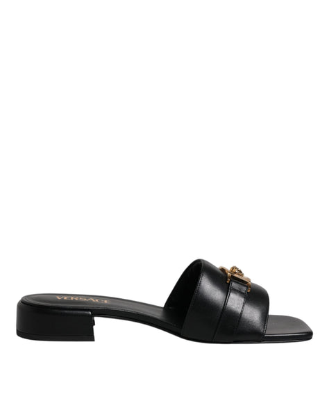 Versace Black Leather Logo Plaque Slip On Slides Flats Shoes Versace
