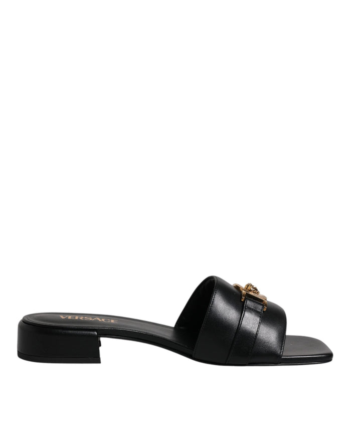 Versace Black Leather Logo Plaque Slip On Slides Flats Shoes Versace