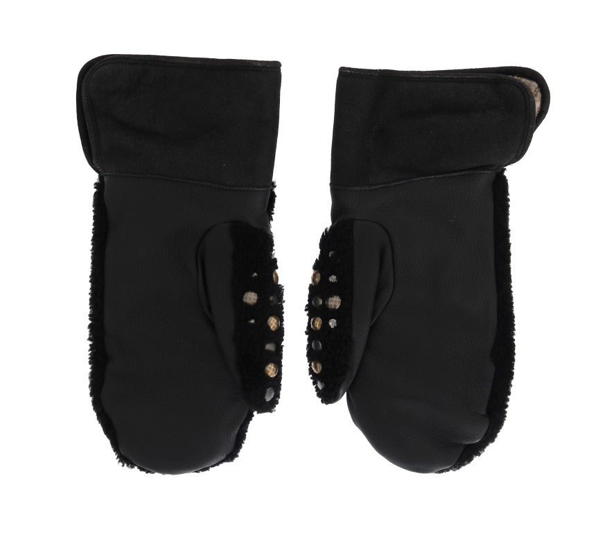 Dolce & Gabbana Black Leather Shearling Studded Gloves Dolce & Gabbana
