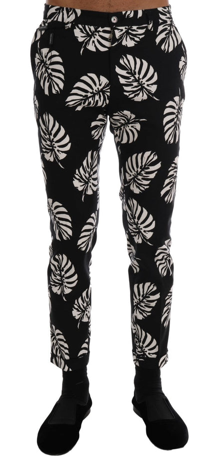 Dolce & Gabbana White Black Leaf Cotton Stretch Slim Pants Dolce & Gabbana