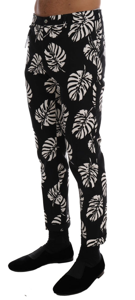 Dolce & Gabbana White Black Leaf Cotton Stretch Slim Pants Dolce & Gabbana