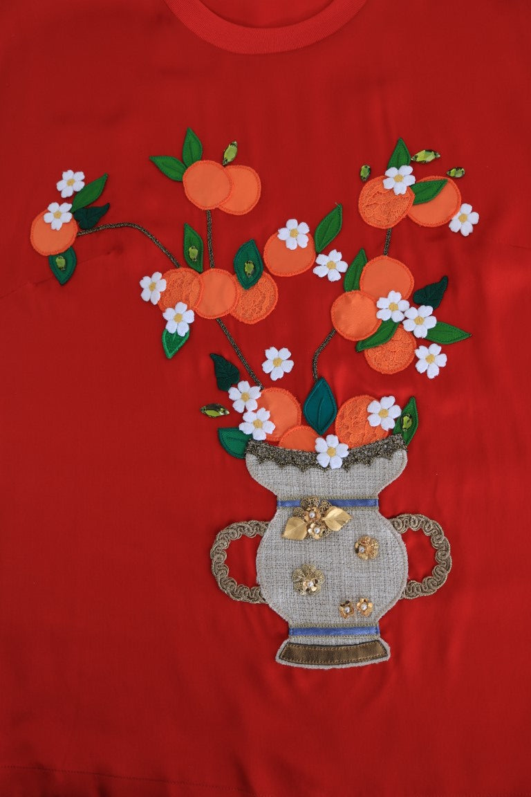 Dolce & Gabbana Red Silk Oranges Floral Crystal Blouse Dolce & Gabbana