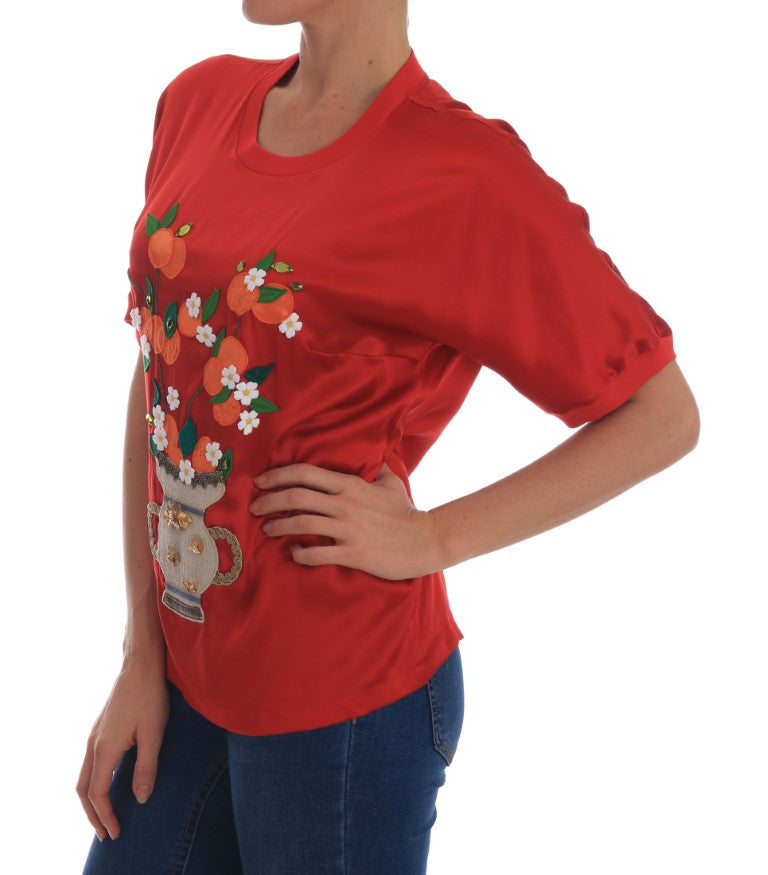 Dolce & Gabbana Red Silk Oranges Floral Crystal Blouse Dolce & Gabbana