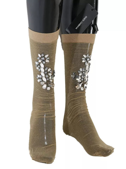 Dolce & Gabbana Gold Stretch Floral Clear Crystal Stocking Socks Dolce & Gabbana