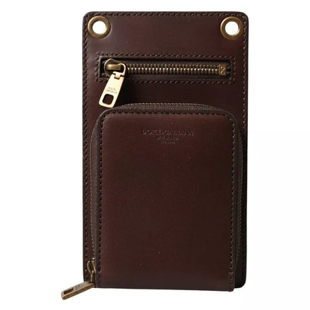 Dolce & Gabbana Brown Calf Leather Zip Logo Shoulder Neck Strap Wallet Dolce & Gabbana