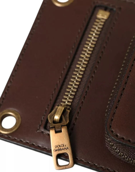 Dolce & Gabbana Brown Calf Leather Zip Logo Shoulder Neck Strap Wallet Dolce & Gabbana