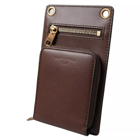 Dolce & Gabbana Brown Calf Leather Zip Logo Shoulder Neck Strap Wallet Dolce & Gabbana