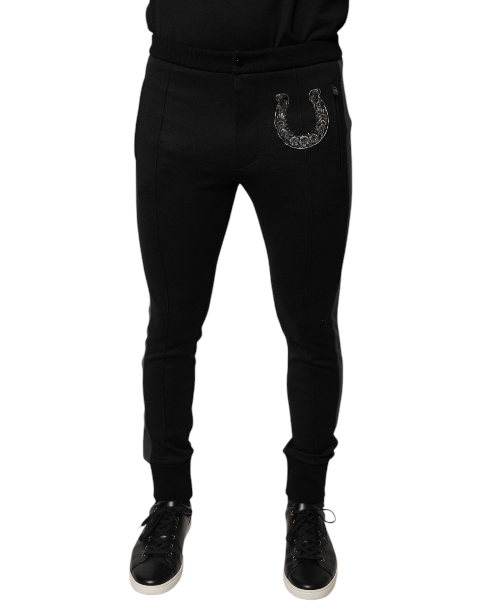 Dolce & Gabbana Black Horseshoe Embellished Wool Slim Fit Pants Dolce & Gabbana