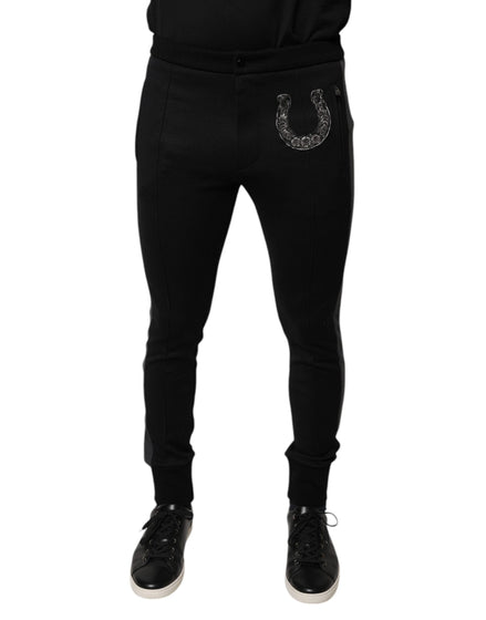 Dolce & Gabbana Black Horseshoe Embellished Wool Slim Fit Pants Dolce & Gabbana