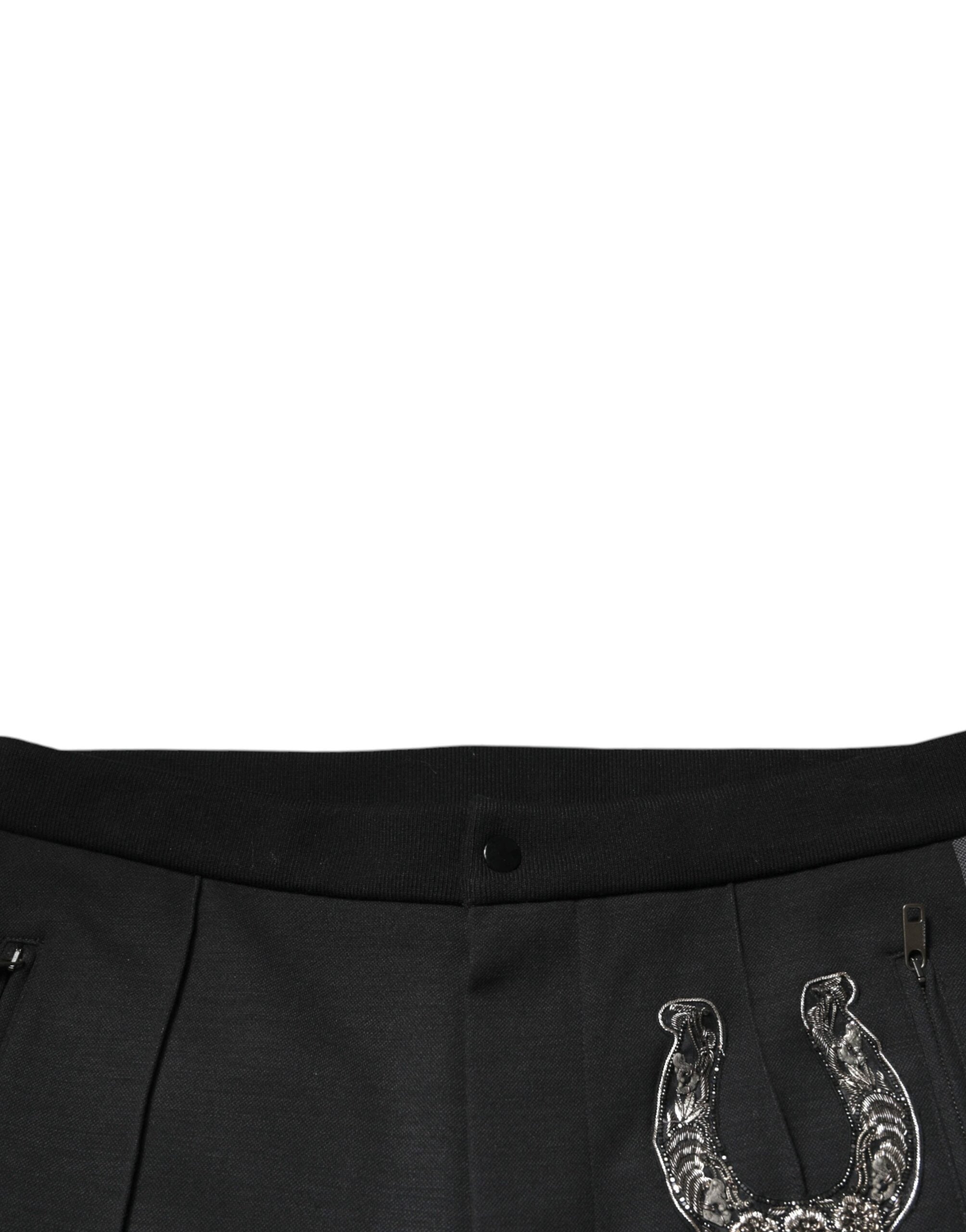 Dolce & Gabbana Black Horseshoe Embellished Wool Slim Fit Pants Dolce & Gabbana