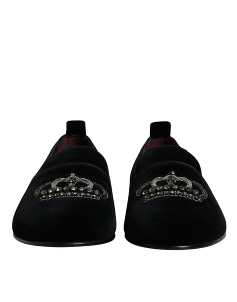 Dolce & Gabbana Black Velvet Crystal Crown Loafers Formal Dress Shoes Dolce & Gabbana