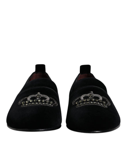 Dolce & Gabbana Black Velvet Crystal Crown Loafers Formal Dress Shoes Dolce & Gabbana