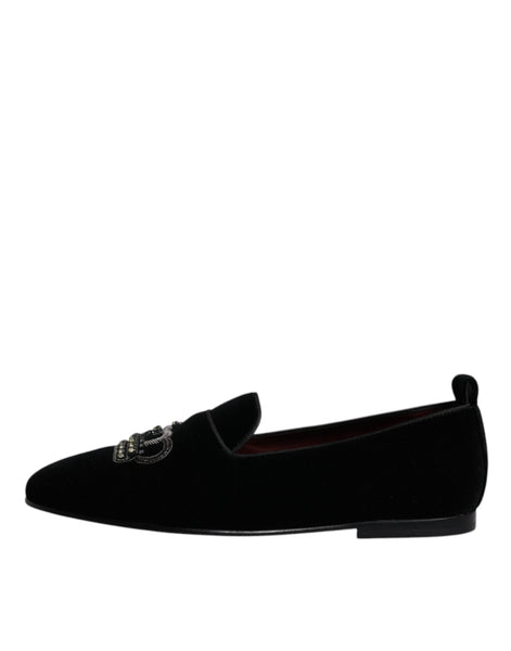 Dolce & Gabbana Black Velvet Crystal Crown Loafers Formal Dress Shoes Dolce & Gabbana