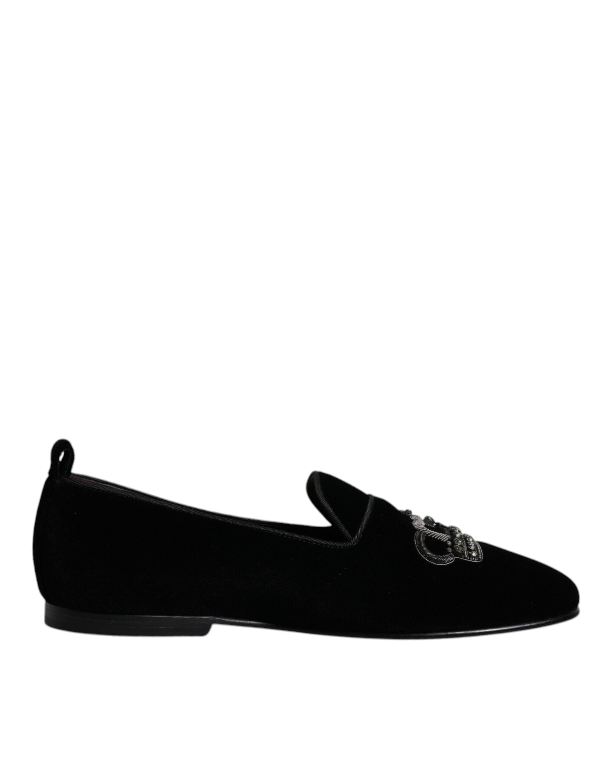 Dolce & Gabbana Black Velvet Crystal Crown Loafers Formal Dress Shoes Dolce & Gabbana