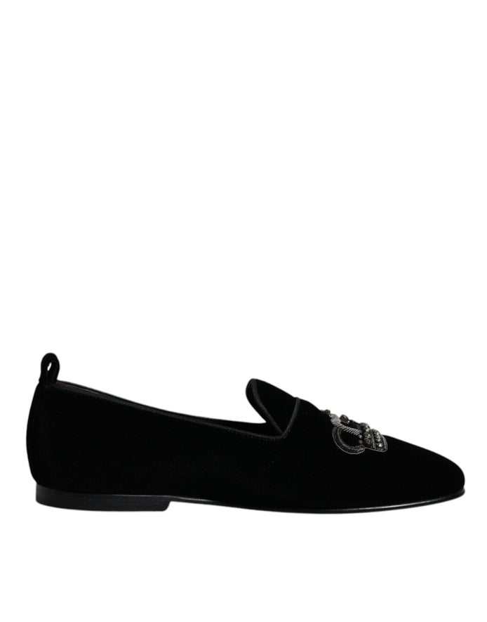Dolce & Gabbana Black Velvet Crystal Crown Loafers Formal Dress Shoes Dolce & Gabbana