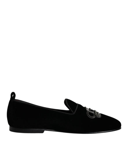Dolce & Gabbana Black Velvet Crystal Crown Loafers Formal Dress Shoes Dolce & Gabbana