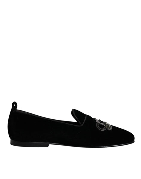 Dolce & Gabbana Black Velvet Crystal Crown Loafers Formal Dress Shoes Dolce & Gabbana