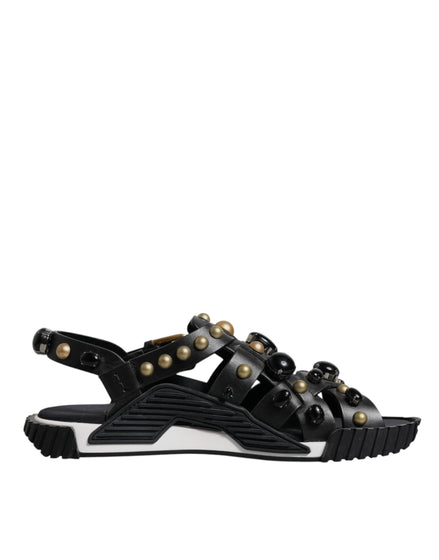 Dolce & Gabbana Black Leather Studded Slides Sandals Shoes Dolce & Gabbana