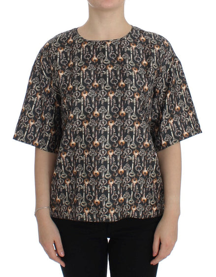 Dolce & Gabbana Gray Gold Key Print Silk Blouse T-shirt Dolce & Gabbana